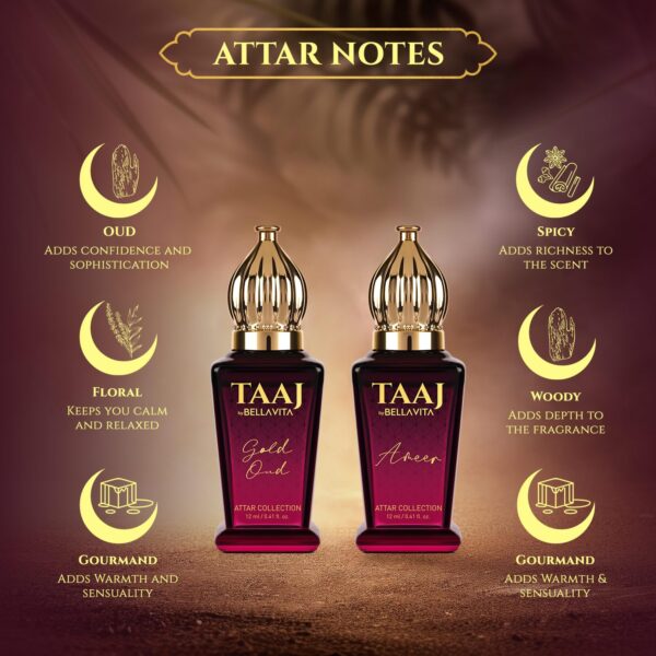 Bella vita organic TAAJ Gold Oud Attar|Unisex Non-Alcoholic Roll-On Attar|With Rose & Oud Notes| Floral Attar  (Agarwood) - Image 2